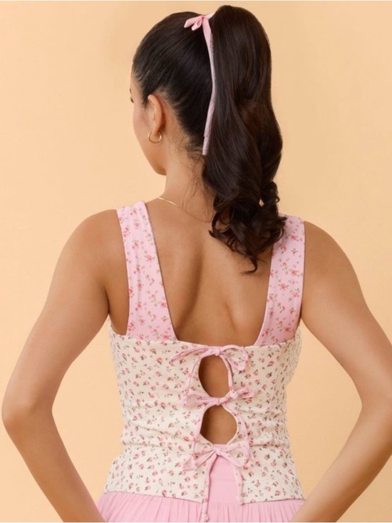 Blogilates Tops - NWT Blogilates Tiny Pink Floral Tie-Back Corset Tank Top